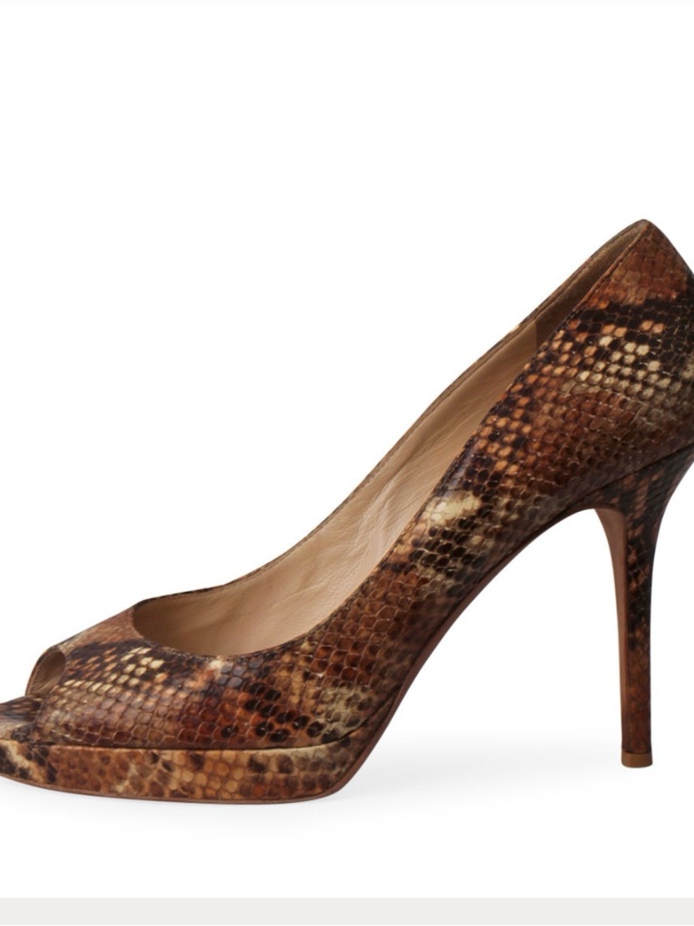 Jimmy Choo Beige Brown Snake-Print Peep-Toe Stiletto Heels
